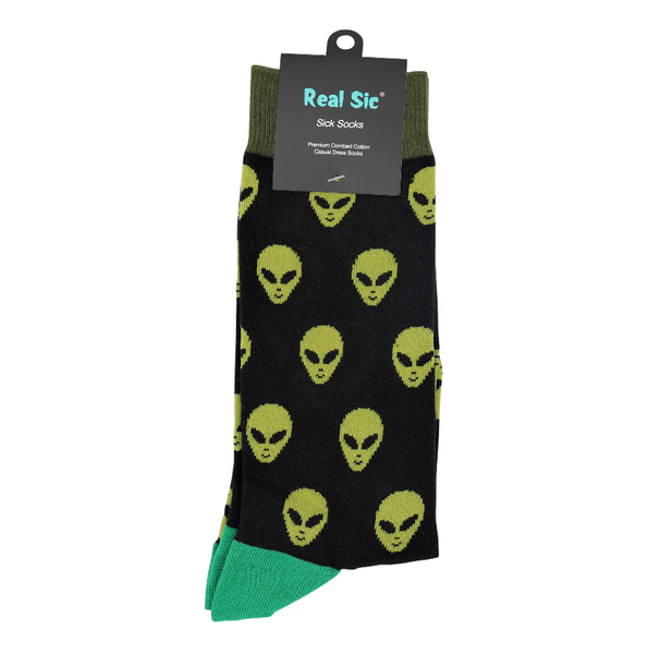 black background green alien head allover print cotton blend crew socks