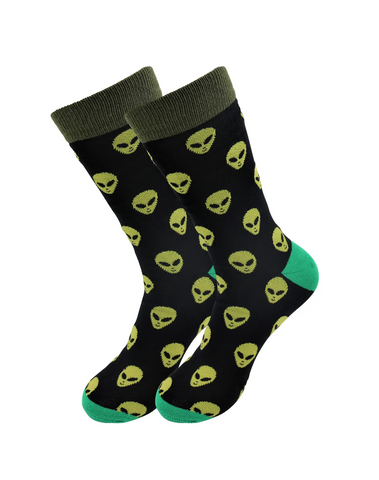 pair black background green alien head allover print cotton blend crew socks