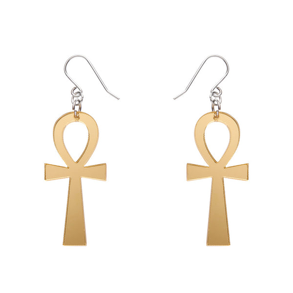 pair Egyptian Revival Essentials Collection Ankh dangle earrings in shiny mirror gold 100% Acrylic resin