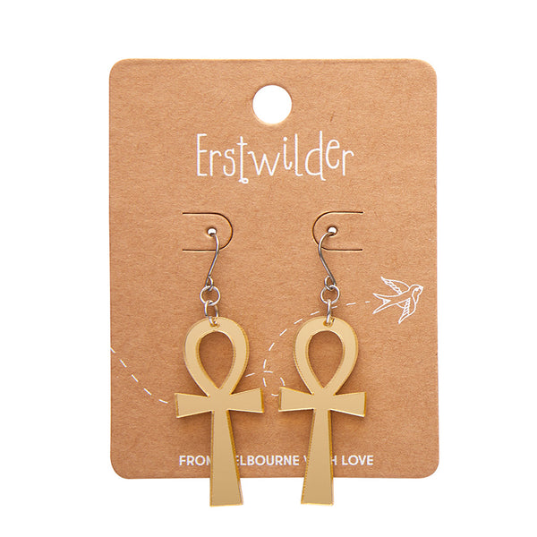 pair Egyptian Revival Essentials Collection Ankh dangle earrings in shiny mirror gold 100% Acrylic resin, on backer card packaging