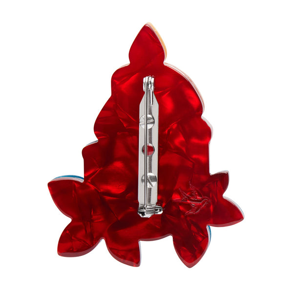 Modern Holiday Collection "Bright Spirits" layered resin three-candle decoration brooch, showing solid red back view