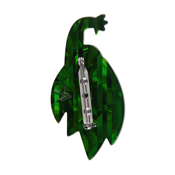 Modern Holiday Collection "Good Tidings Peacock" layered resin brooch, showing solid green back view