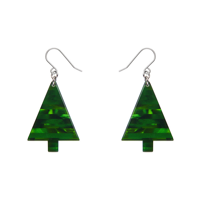 pair Christmas tree shaped dangle earrings in rich bright green stripe texture 100% Acrylic glitter resin