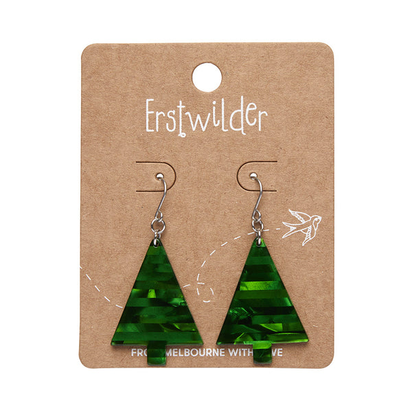 pair Christmas tree shaped dangle earrings in rich bright green stripe texture 100% Acrylic glitter resin