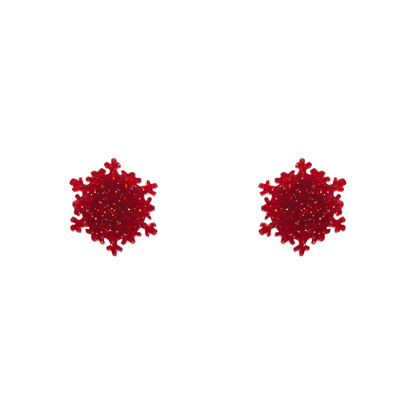 pair snowflake shaped post earrings in glitter-y bright red 100% Acrylic resin