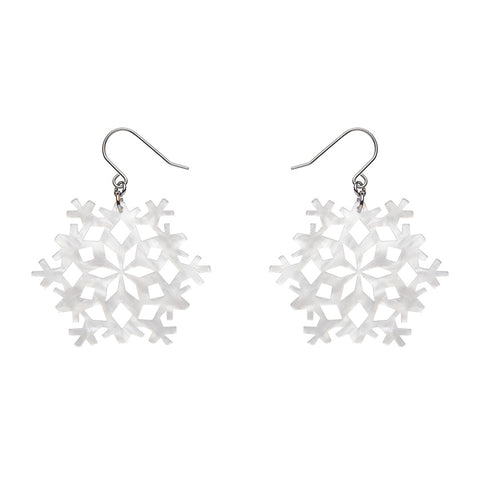 pair snowflake shaped dangle earrings in bright white ripple texture 100% Acrylic resin