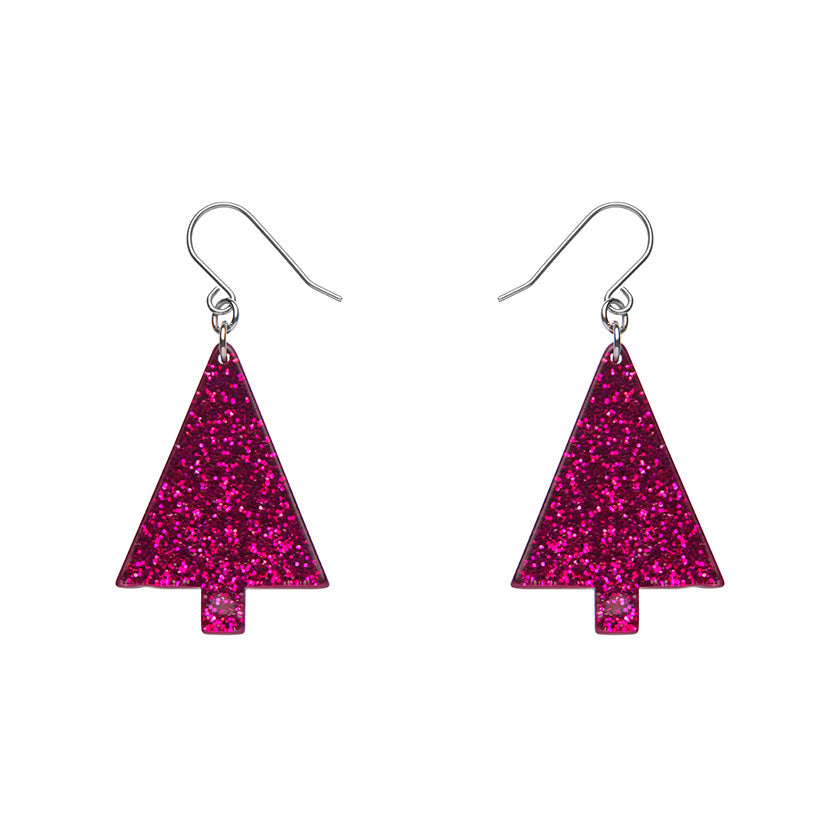 pair Christmas tree shaped dangle earrings in glitter-y hot pink 100% Acrylic resin
