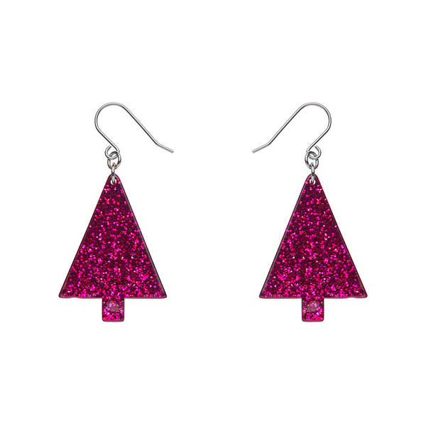 pair Christmas tree shaped dangle earrings in glitter-y hot pink 100% Acrylic resin