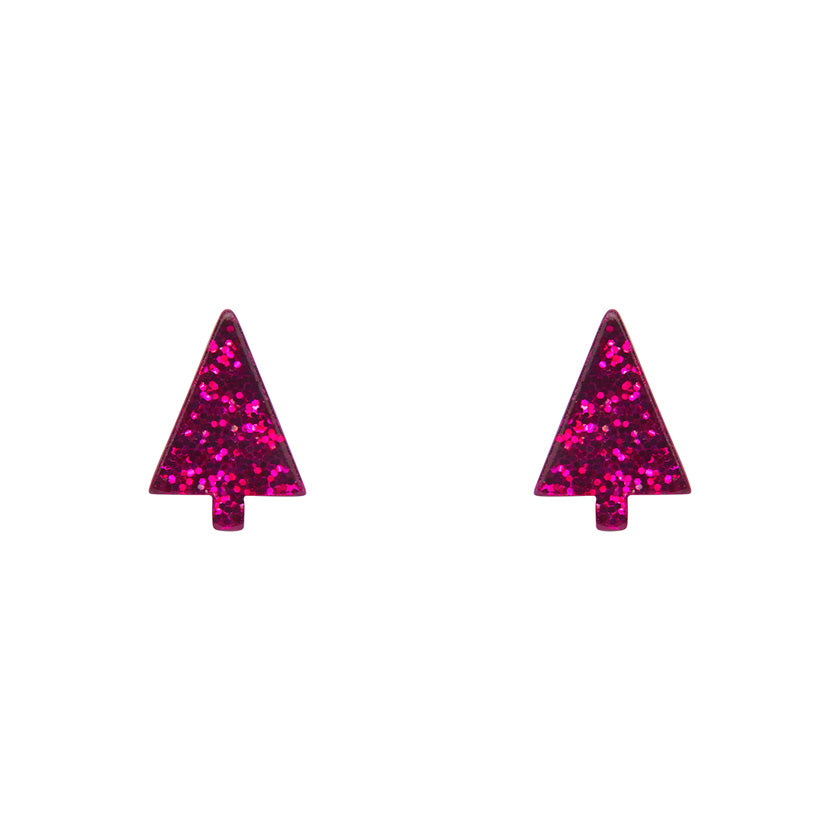 pair Christmas tree shaped post earrings in glitter-y hot pink 100% Acrylic resin