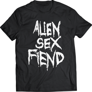 Alien Sex Fiend 1988 "All Our Yesterdays" cover logo white plastisol ink screenprint on black t-shirt, shown flatlay