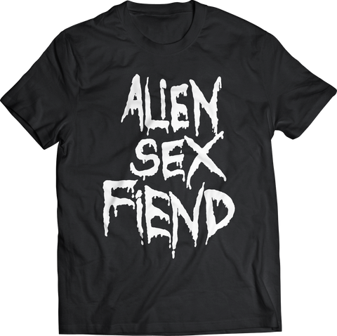 Alien Sex Fiend 1988 "All Our Yesterdays" cover logo white plastisol ink screenprint on black t-shirt, shown flatlay