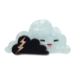 Laura Blythman Collaboration Collection "Stella the Storm" layered resin marbled blue cloud with closed eyes face and black glitter cloud with gold glitter lightning bolt brooch