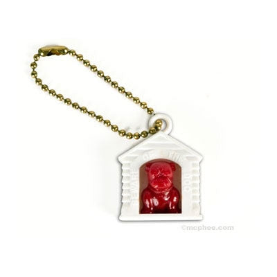 1950s Deadstock "Beware of the Dog" Collectible red dog in white doghouse plastic keychain with brass ballchain