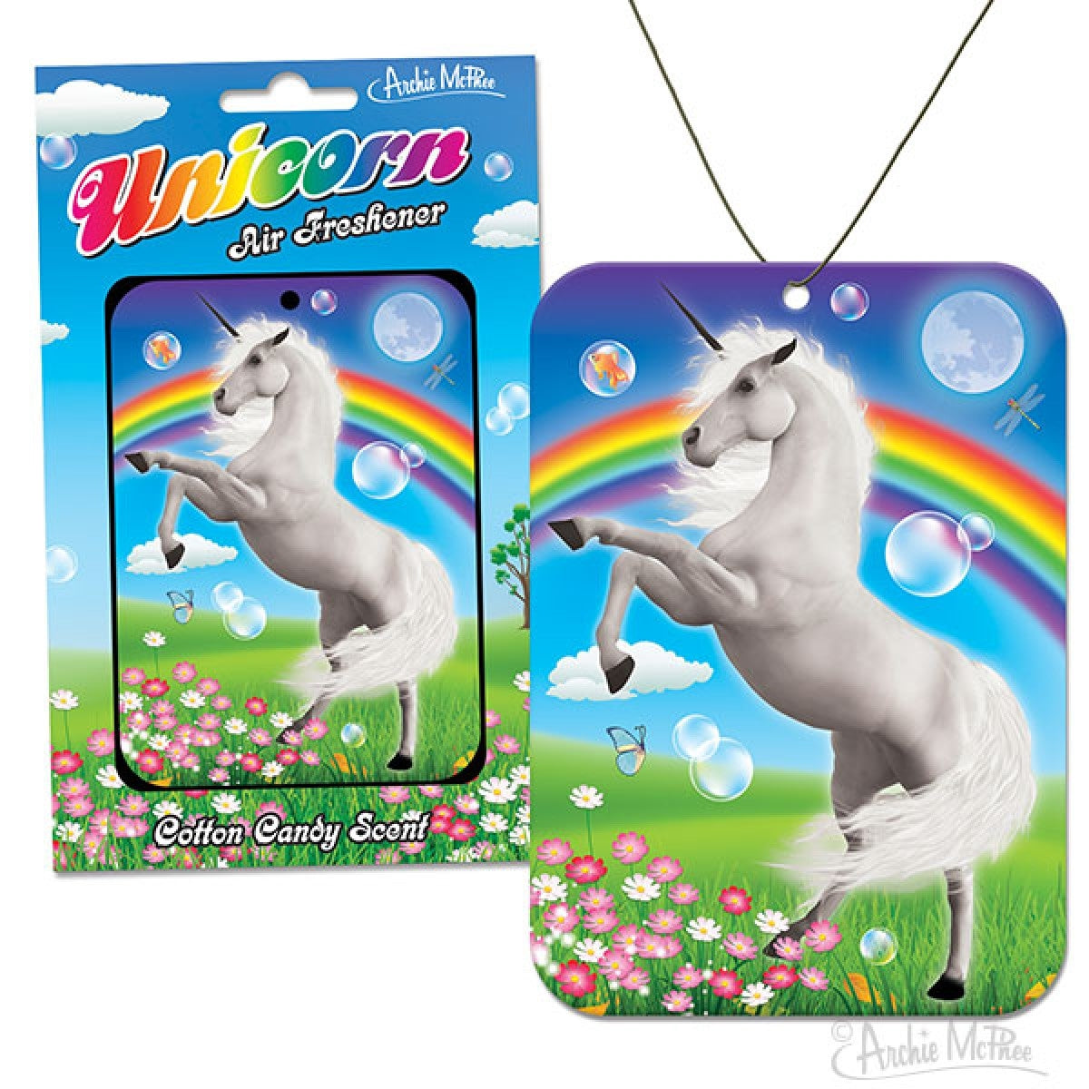 4.25" rectangular white unicorn with rainbow against blue sky image cotton-candy scented air freshener, shown next to one in illustrated backer card packaging