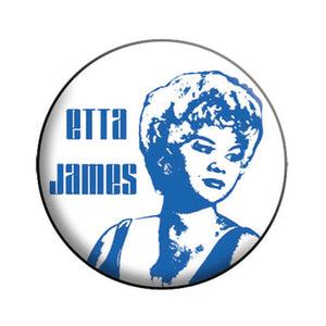 white with blue Etta James 1.25" round metal pinback button 