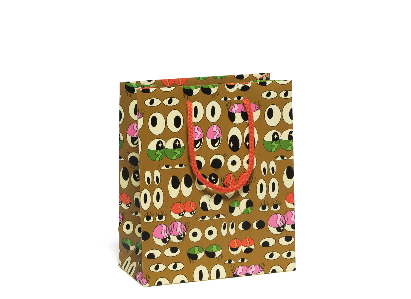 A gift bag with red cotton rope handles. An allover print of cartoony eyeballs on a dark green-y gold background