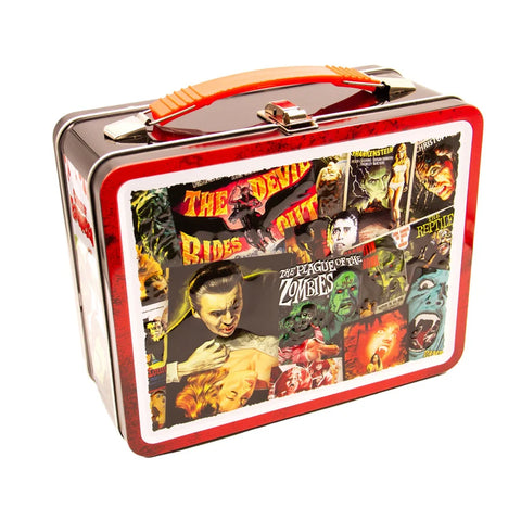 A metal lunchbox with collage art of classic Hammer Horror movie posters. With a red plastic handle and metal latch.