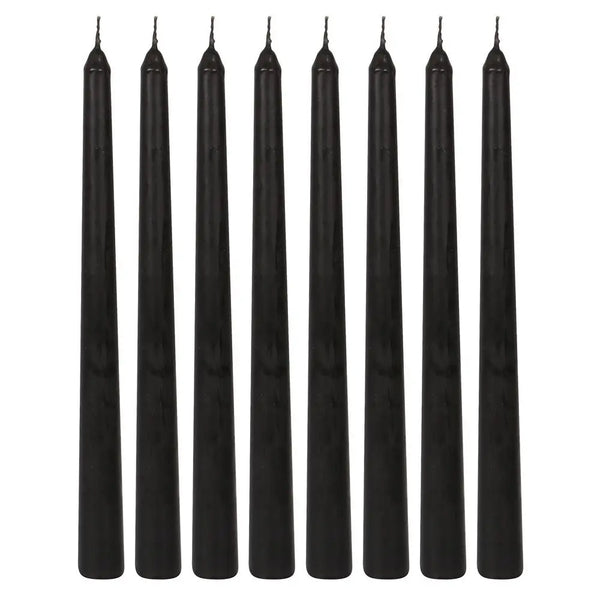 A set of 8 black 10" taper candles that drip bloody red when lit. Shown unlit