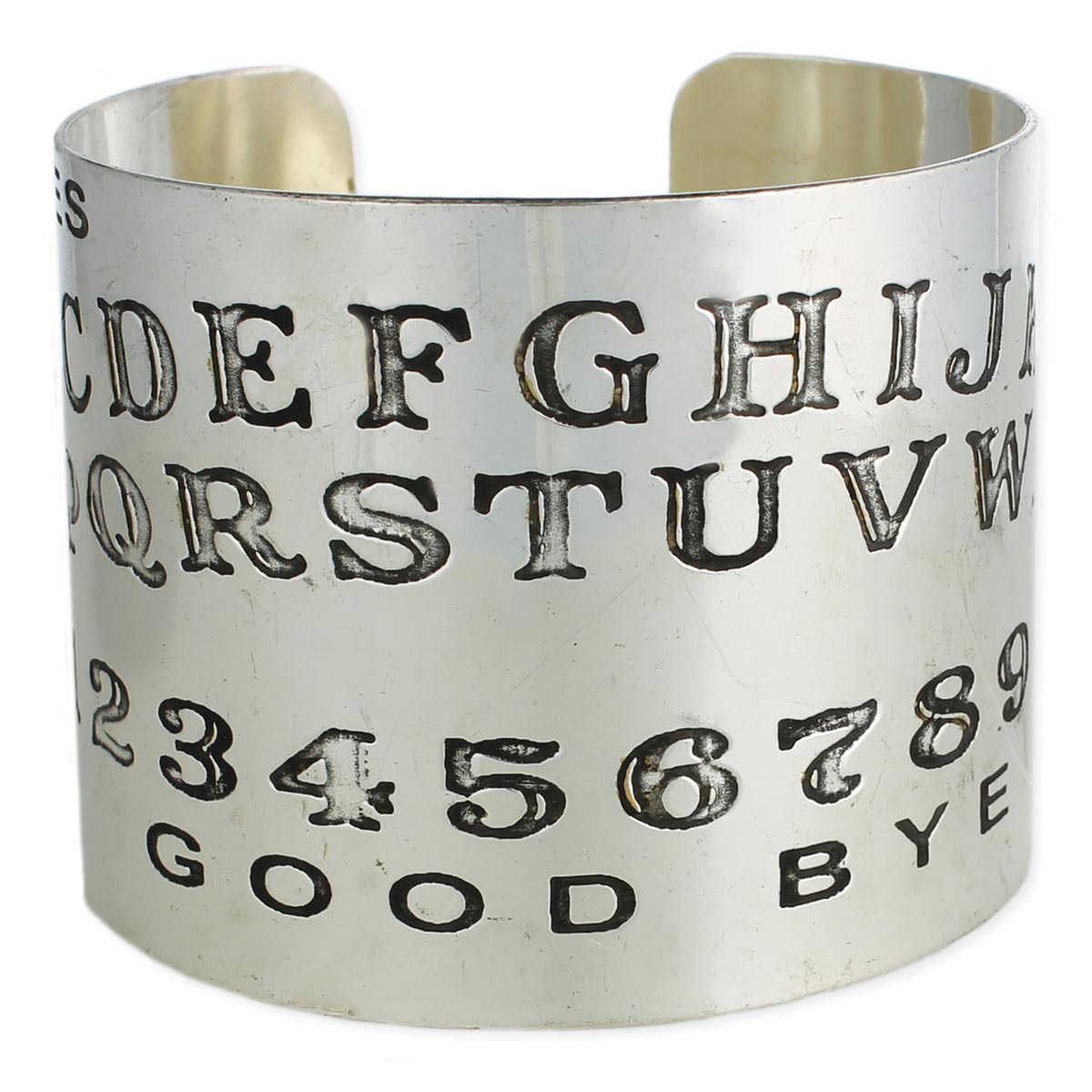 Antiqued silver metal with stamped Ouija Board design 2" wide cuff bracelet