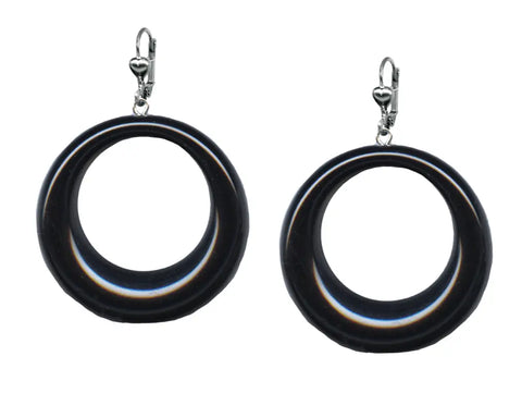 A pair of classic drop hoop earrings in black on silver plated lever-back hooks.