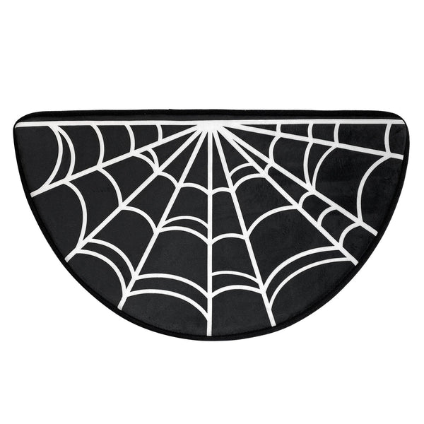 Half-round shape cushy-soft black & white spiderweb design bath mat