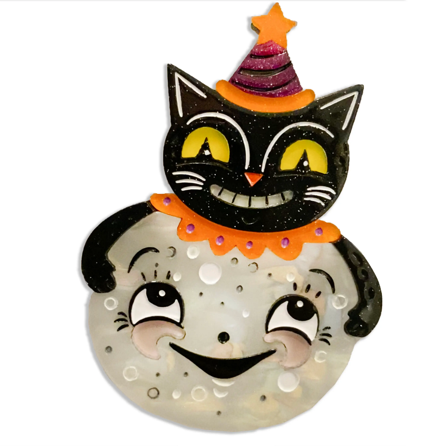 grinning glittery black kitty in purple & orange Halloween party hat & collar hugging smiling Luna Moon layered resin brooch