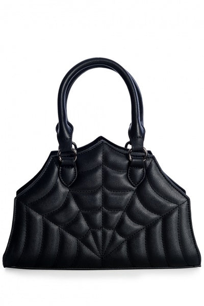 black matte vinyl handbag in 1/2 spiderweb shape and spiderweb stitched front