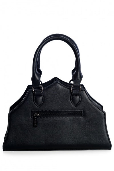 black matte vinyl handbag in 1/2 spiderweb shape and spiderweb stitched front, shown back view with zipper pocket