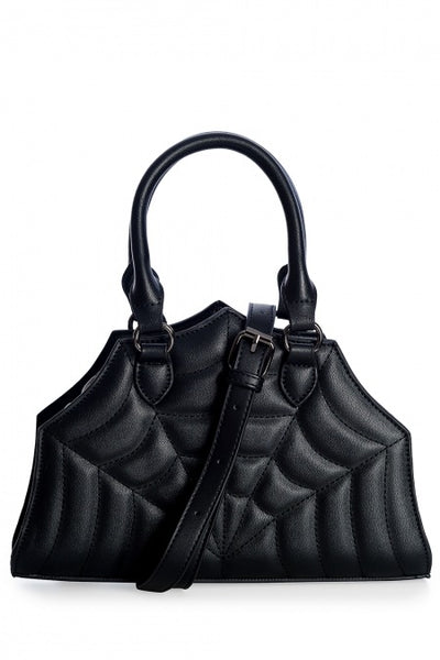 black matte vinyl handbag in 1/2 spiderweb shape and spiderweb stitched front, showing detachable crossbody strap
