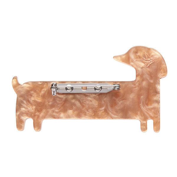 Terry Runyan Collaboration Collection "Long Dog" layered resin dachshund brooch, showing solid brown back view
