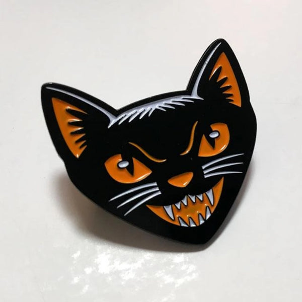 1 3/8" black, orange, white enameled metal Halloween style black cat face clutch back pin