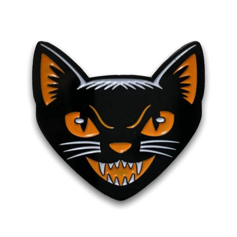 1 3/8" black, orange, white enameled metal Halloween style black cat face clutch back pin