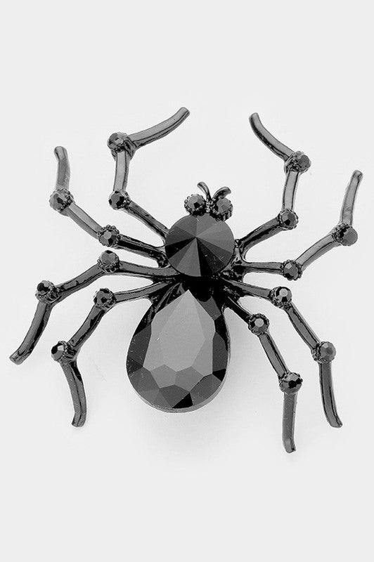 3" shiny black jewel and black enameled metal spider-shaped brooch