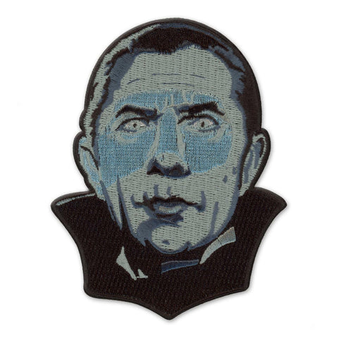Black & blue grey embroidered patch depicting Bela Lugosi in his iconic role as Count Dracula