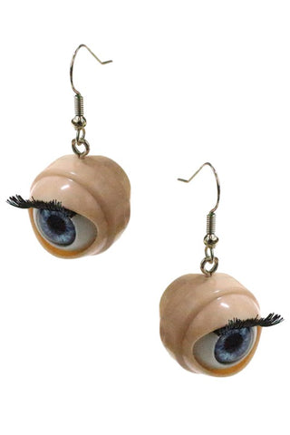 doll eyeball dangle earrings with long black eyelashes and irises that change from brown to blue depending on angle