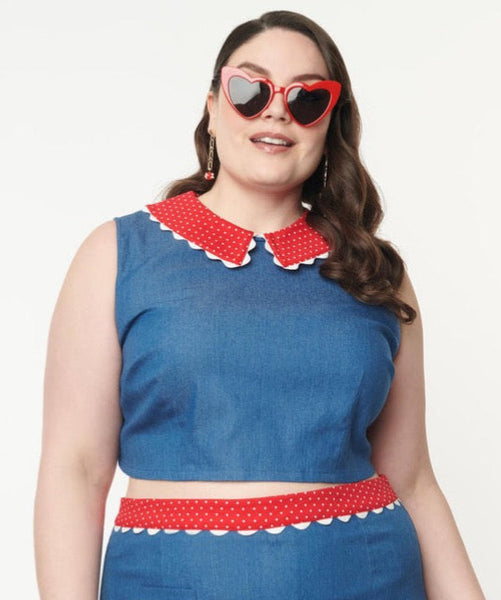 retro style shell top in stretch faux denim with a red and white dotted collar and white ric rac trim detail, shown on model