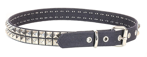 1/4” wide canvas belt in classic black with 2 rows of 1/2" silver metal pyramid studs. Seen from the front 