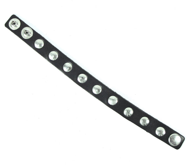 thick leather 1/2” wide adjustable studded cuff with a single row of 3/8" round silver metal rivets and heavy duty snap closure. Shown flat