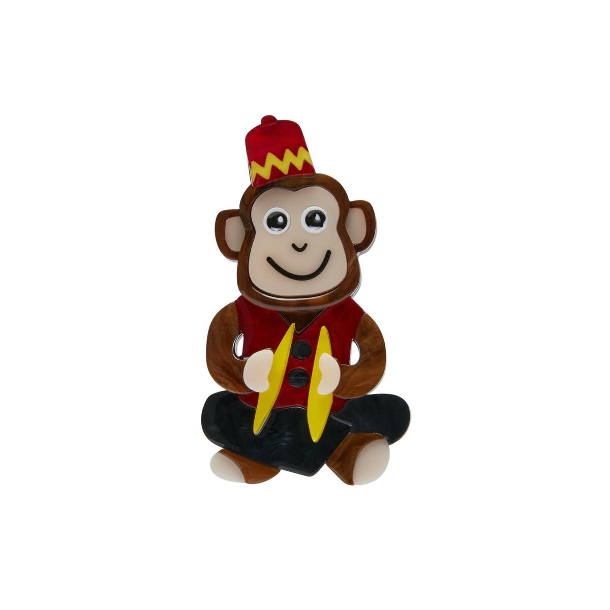 toy seated brown chimpanzee with cymbals wearing red fez and vest 2 1/4" layered resin brooch