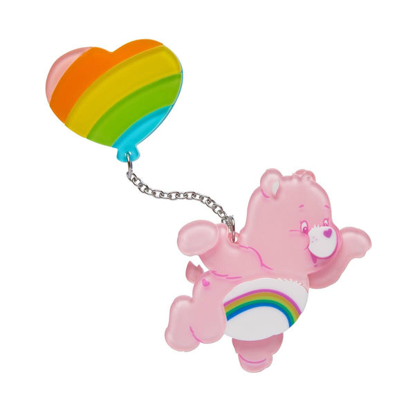 Care Bears Collection "Cheer Bear in the Sky" pink bear white with belly rainbow design chain linked to rainbow heart balloon layered resin brooch