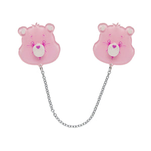 Care Bears Collection "Cheer Bear Smiles" pink bear head pair chain-linked layered resin brooches set