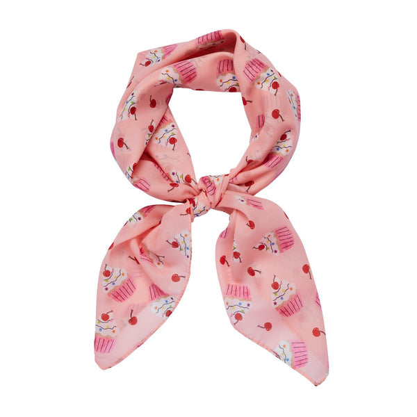 27" square semi-sheer pink background "Cherry on Top" allover cupcake and cherry print scarf