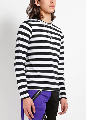 crew neck long sleeve stretch cotton knit shirt in classic black & white stripes, shown on model