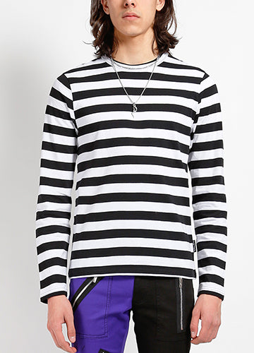 crew neck long sleeve stretch cotton knit shirt in classic black & white stripes, shown on model