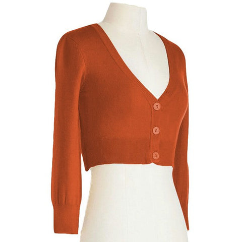 soft knit cropped cardigan v-neck 3/4 sleeve subdued potter's clay orange color, shown unbuttoned on dress form