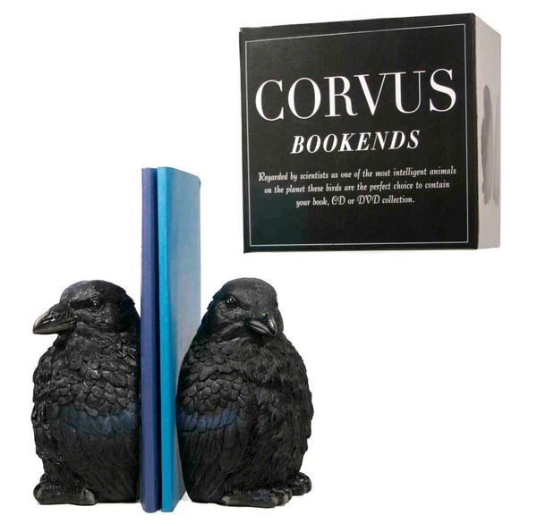 5.5" tall pair black resin corvus bird bookends, shown in use beside giftbox