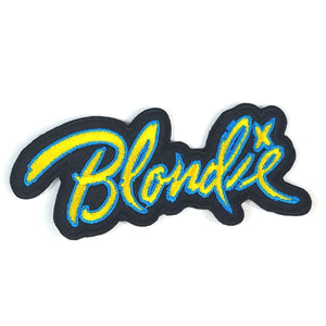 Script "Blondie" band logo yellow and blue on black embroidered patch
