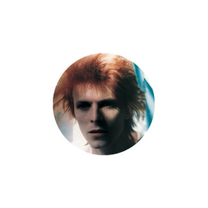 Ethereal Mick Rock portrait of David Bowie as Ziggy Stardust on a 1.25" round metal pinback button