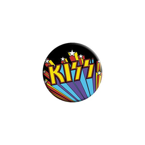 1.25" round metal Kiss Logo Band Button with white stars and yellow, red, purple & turquoise 3-D effect lettering