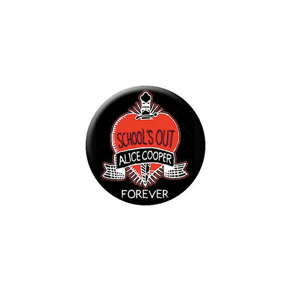 Alice Cooper "School's Out Forever" banner black background red heart 1.25" metal pinback button